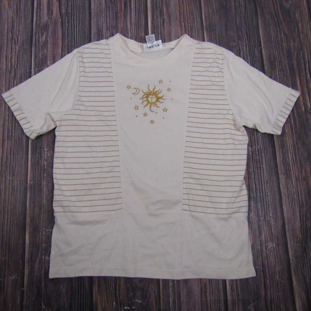 Vintage Adolfo Sport Shirt Womens Large White Celestial Sun Moon Embroidery